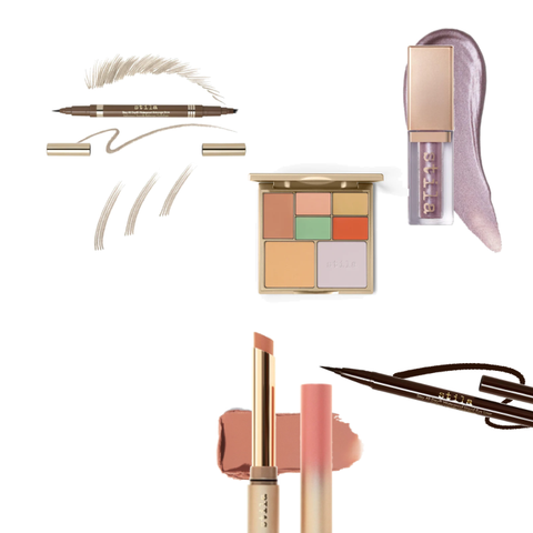 Collection of Stila make-up products including a brow pencil, eyeshadow palette, lip gloss, lipstick, and eyeliner on a white background.