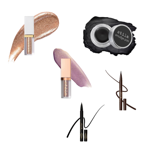 Collage of Stila make-up products including a glittery cream, eyeliner, and pencil on a white background.