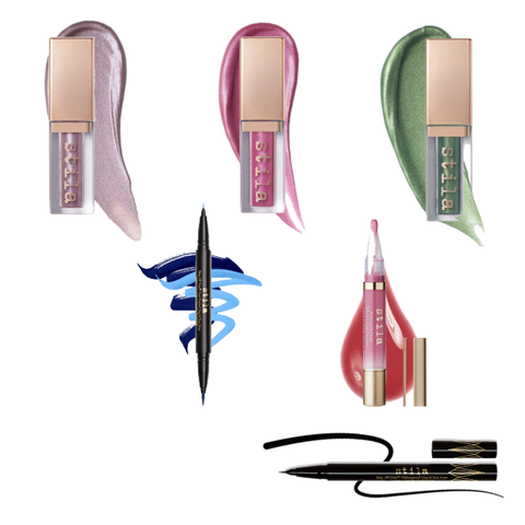 Collection of Stila cosmetic products including lip glosses and a eyeliner on a white background